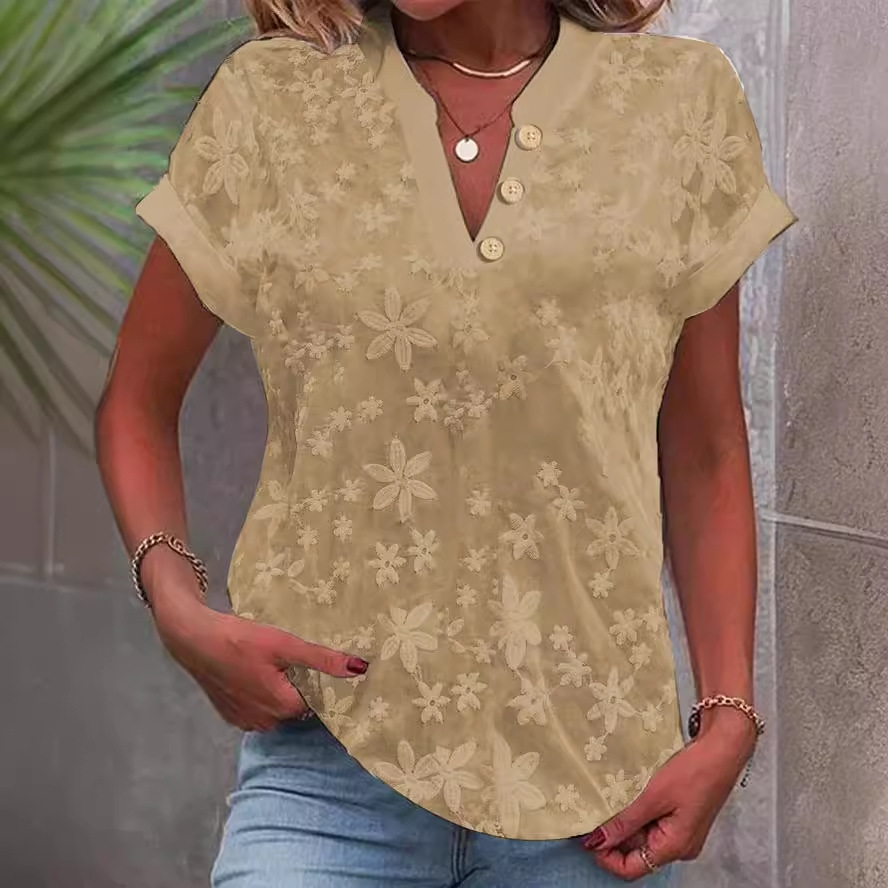 Embroidery Jersey - Women Floral Embroidery V Neck Short
