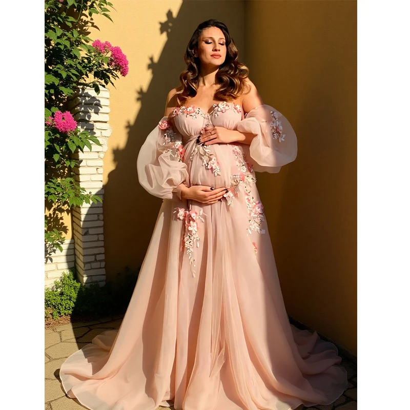 Embroidery Jersey - Hand-Finished Maternity Gown - Off-Shoulder Sheer