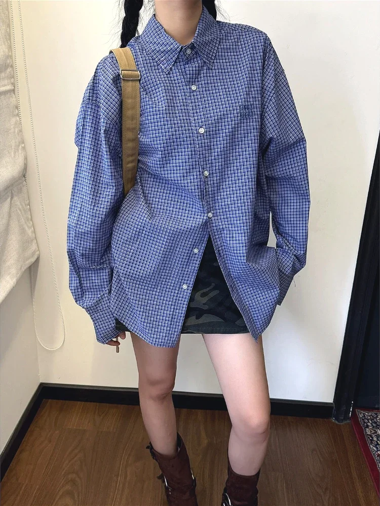 Embroidery Jersey - Vintage Blue Plaid Shirts for Women
