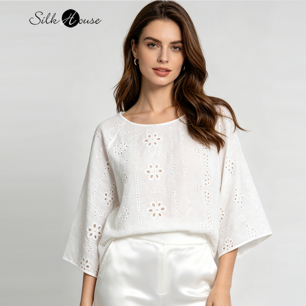 Embroidery Jersey - Plus Size White Hollow Embroidery 75%
