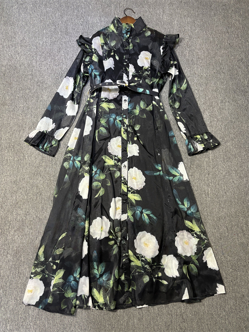 Embroidery Yellow Dress - Plus Size 2026 Black/Yellow Print Long