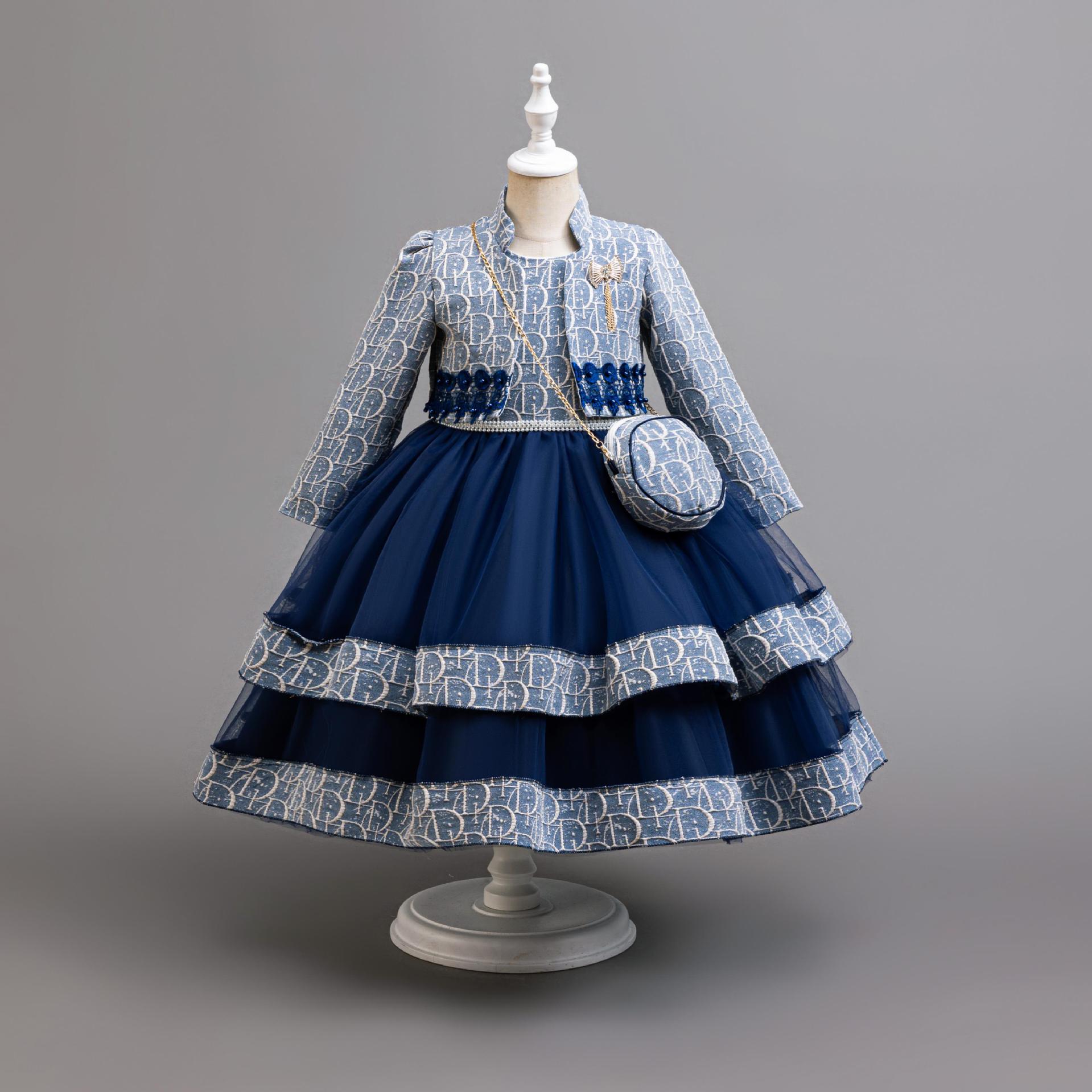 Embroidery Web - 3PS Girls Long-Sleeved Dress Embroidered Fashionable