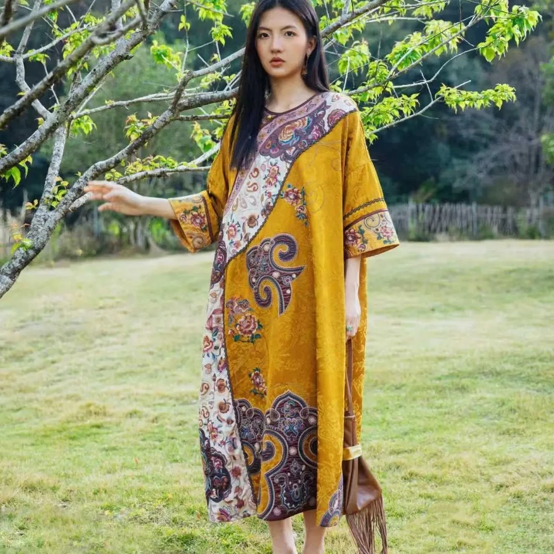 Luxury spring robe for women y - огляд і ціна Embroidery Yellow Dress